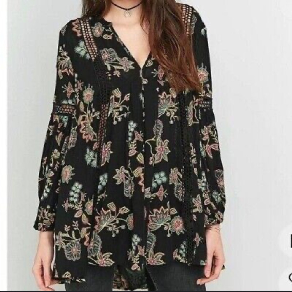 Free People Black Floral Long-Sleeve Tunic